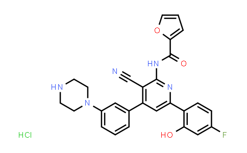 N-(3-cyano-6-(4-fluoro-2-hydroxyphenyl)-4-(3-(piperazin-1-yl)phenyl)pyridin-2-yl)furan-2-carboxamide hydrochloride